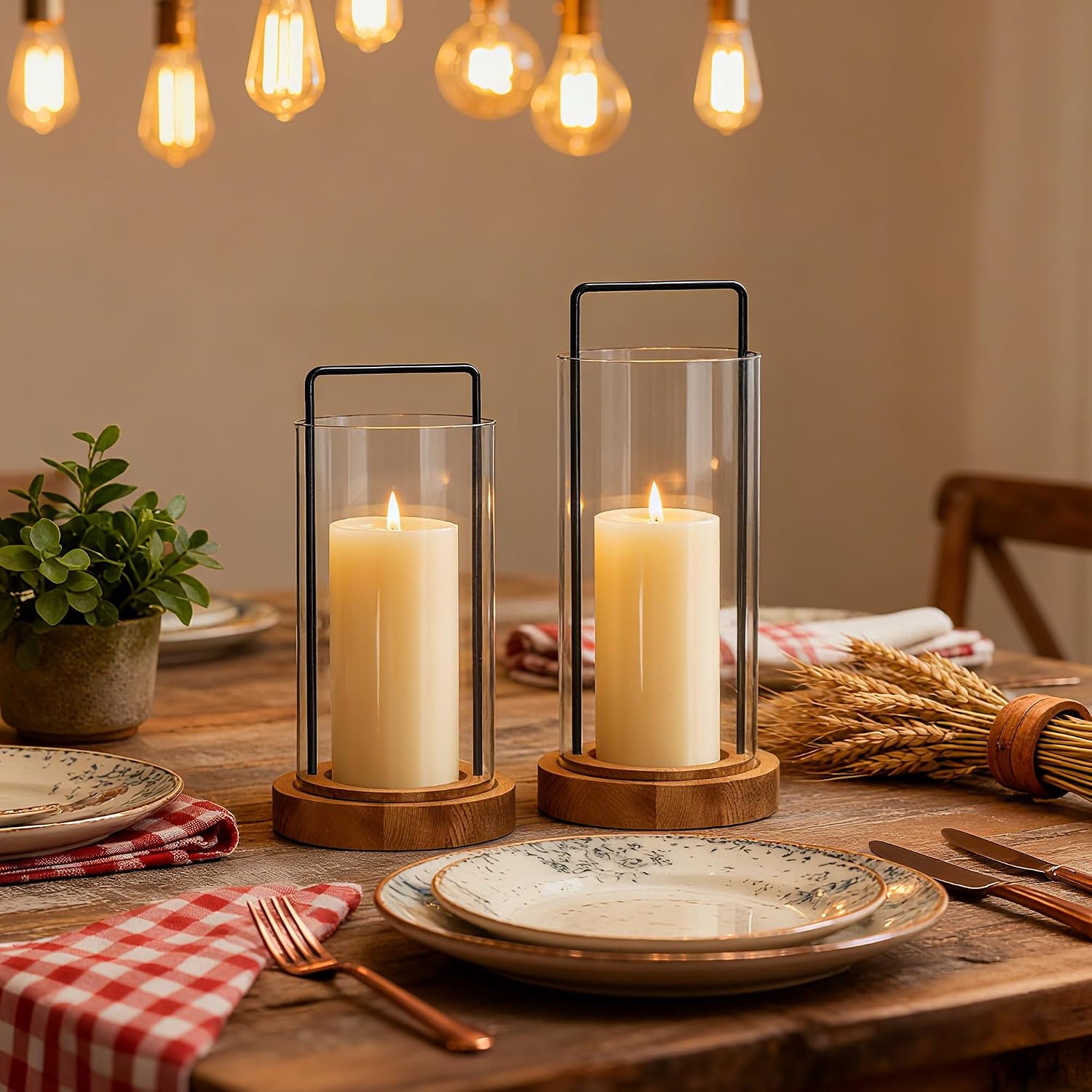 Houmury Set of 2 Hurricane Candle Holders Lantern 12” & 10”with Wood Base Metal Handle Glass Cylinder Modern Farmhouse Decor for Home Decoration, Table Centerpieces (Warm Amber Brown)