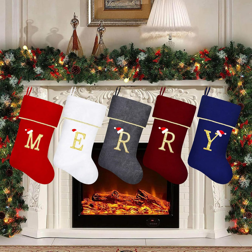 20 Inches Initial Monogram Red Christmas Stocking, Personalized Large Embroidered Letter Velvet Christmas Stocking with Gold Trim Decoration for Family Christmas Holiday Party Decor(Letter M)