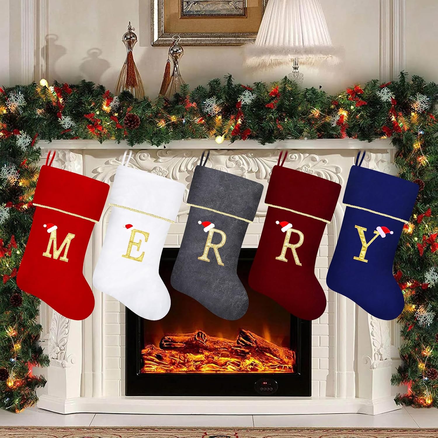 20 Inches Initial Monogram Red Christmas Stocking, Personalized Large Embroidered Letter Velvet Christmas Stocking with Gold Trim Decoration for Family Christmas Holiday Party Decor(Letter M)