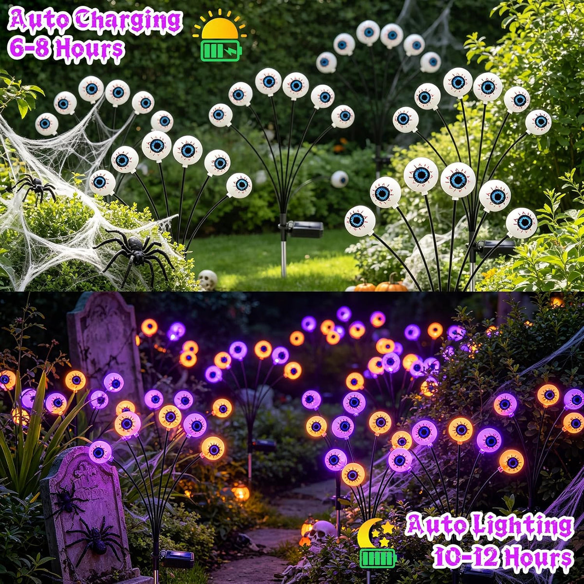 Halloween Decorations Outdoor, 4 Pack 24 LED Purple and Orange Solar Scary Ey...