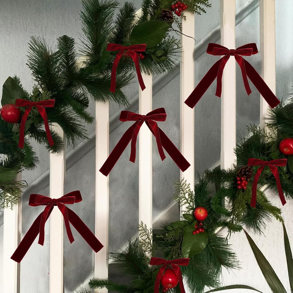12PCS Red Velvet Bows for Christmas Tree, Bows for Christmas Tree, Garland Red Velvet Bow Ornaments for Christmastree with Gold Twist Ties (Burgundy)