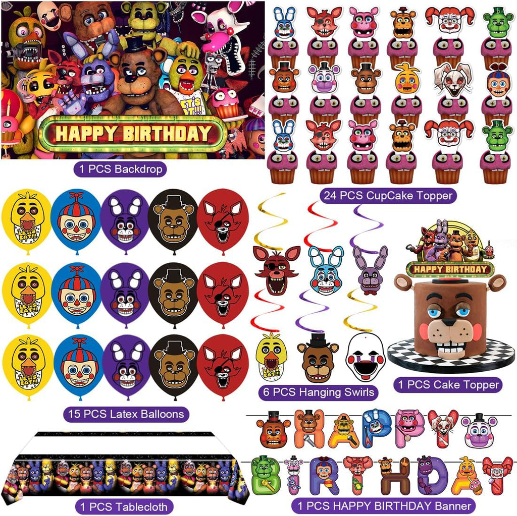 Freddy's Birthday Decorations, Party Supplies Set Include Banner, Backdrop, Balloons, Hanging Swirls, Cake Cupcake Toppers, Tablecloth for Boys Girls Five Nights Theme Party