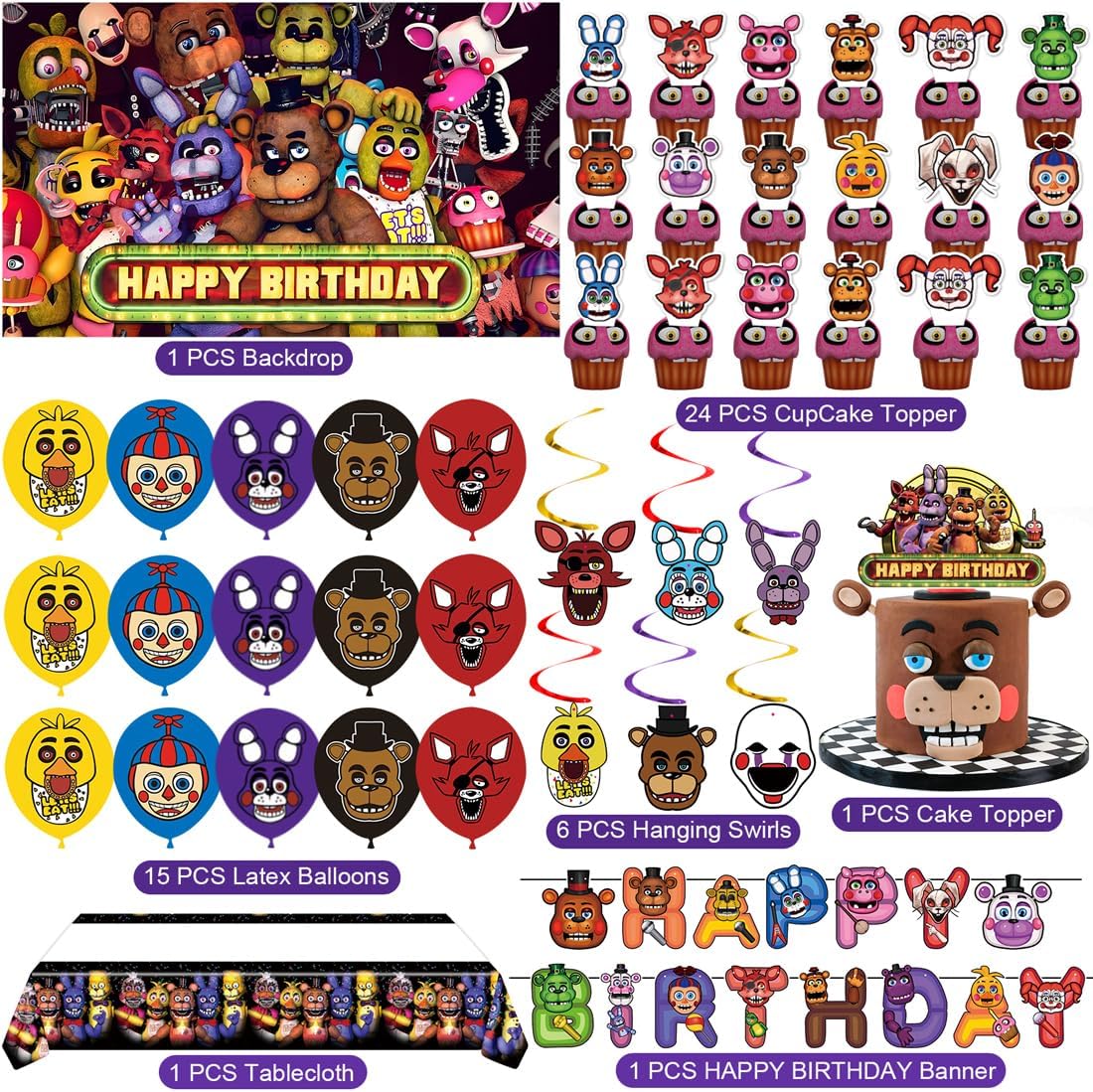 Freddy's Birthday Decorations, Party Supplies Set Include Banner, Backdrop, Balloons, Hanging Swirls, Cake Cupcake Toppers, Tablecloth for Boys Girls Five Nights Theme Party