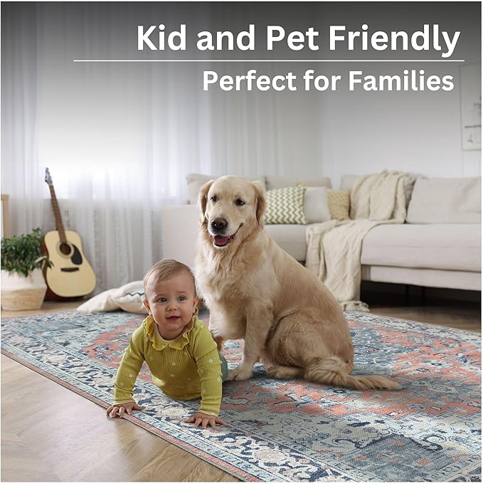Bloom Rugs Washable Non-Slip 7 ft Runner - Coral/Blue Traditional Medallion Runner for Entryway, Hallway, Bathroom, and Kitchen - Exact Size: 2.5' x 7'