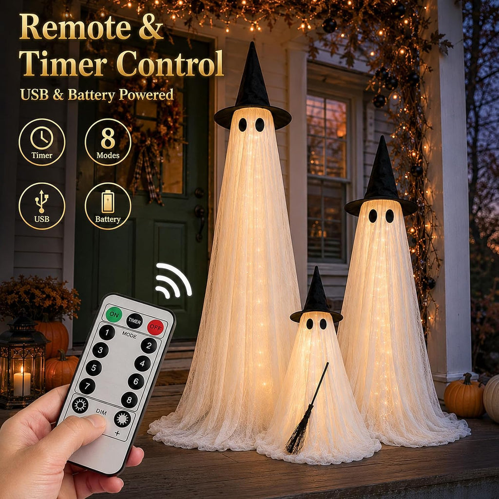 halloween decorations outdoor 3 pack lighted ghost-family with, side view