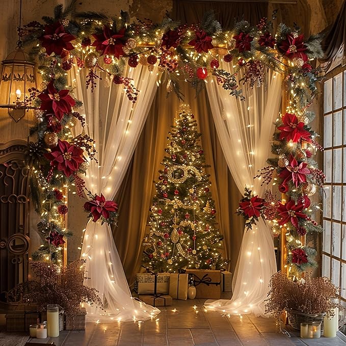 Tulle Backdrop Curtains with Lights String White 10FT X 8FT Sheer Curtain with Lights Tulle Curtains Backdrop for Wedding Birthday Party Baby Shower Photo Shoot (2 Panels 5x8FT)