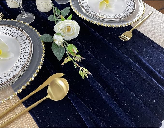 Luxurious Velvet Table Runner, 10ft Wedding Reception Decorations, 20x120inch Soft Velvet Fabric, Table Linen Overlay, Wedding Table Runners (Navy Blue, 20X120inch)