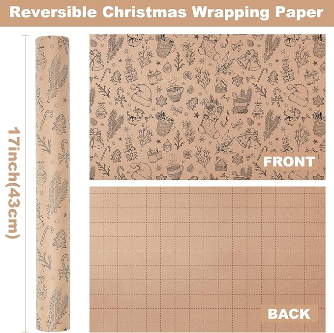 Ulmasinn Vintage Christmas Wrapping Paper Roll - Brown Kraft Paper 17" x33ft - with Cutting Line, Hand-Drawn Holiday Elements, Xmas Gift Wrap for Presents, Table Decor & Crafting