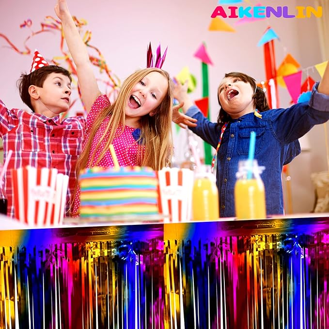 6 Pack 29x108 Inch Metallic Foil Fringe Tinsel Table Skirts Banner for Rectangle Tables Streamer Garland Curtains Backdrop for Wedding, Birthday, Parade Floats, Halloween Party Decoration(Rainbow)