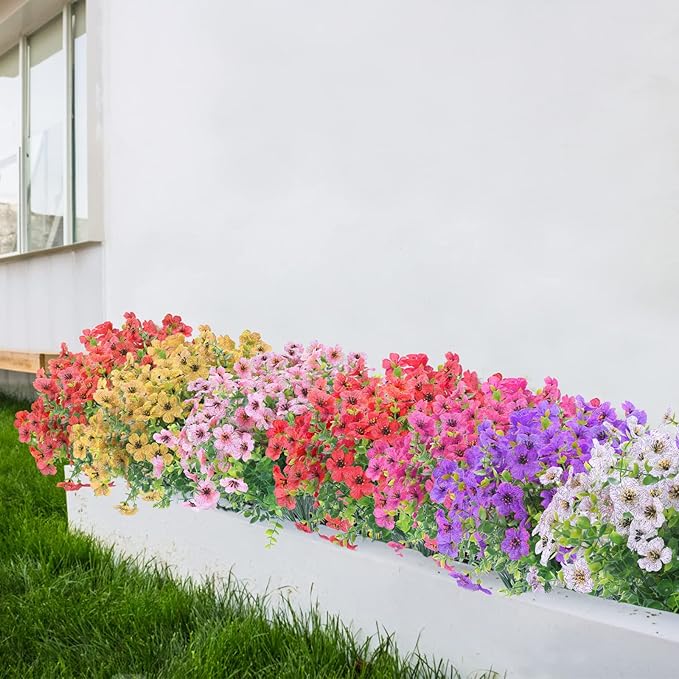 12 Bundles Artificial Flowers Outdoor UV Resistant Fake Plastic Plants Indoor Outside Hanging Plants Garden Porch Window Box Home Wedding Farmhouse Festive Shrub Decor (Rose Red)