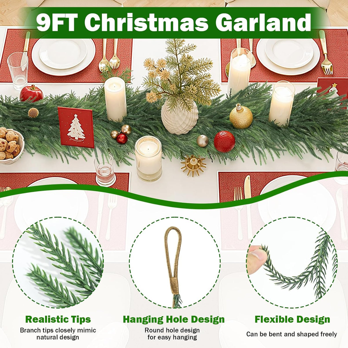 9ft artificial norfolk pine garlands, real touch thick, close-up detail