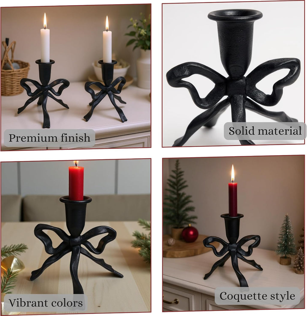 Bow Candle Holder, Bow Metal Taper Candle Holder 5" H x 4.81 W, Gold, Black, Decorative Candle Holders for Centerpiece, Table, Wedding (Black)