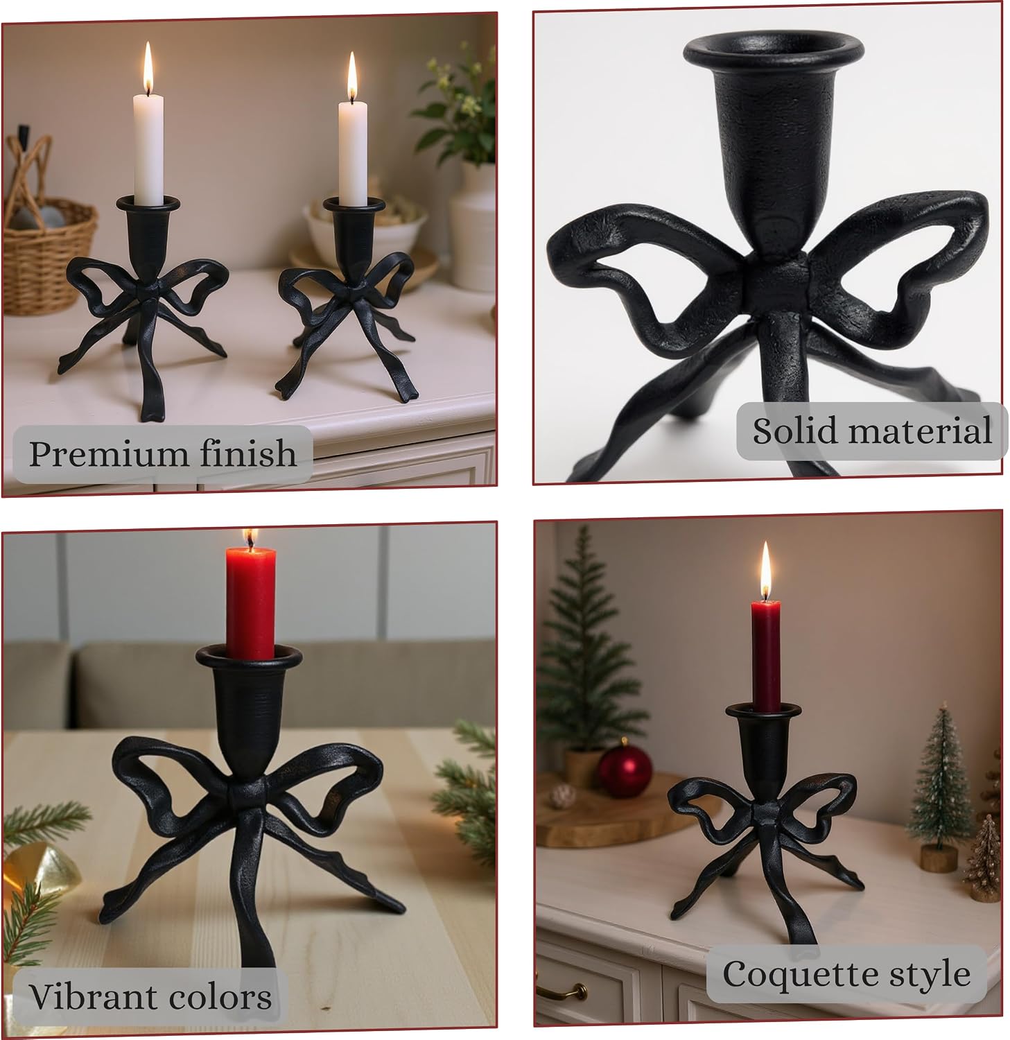 Bow Candle Holder, Bow Metal Taper Candle Holder 5" H x 4.81 W, Gold, Black, Decorative Candle Holders for Centerpiece, Table, Wedding (Black)