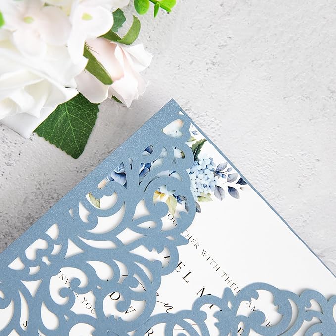 20Pcs Dusty Blue Laser Cut Invitation Cards With Blank Inner Sheets for Wedding Cards Bridal Shower Engagement Quinceanera Invitation (No Envelopes)
