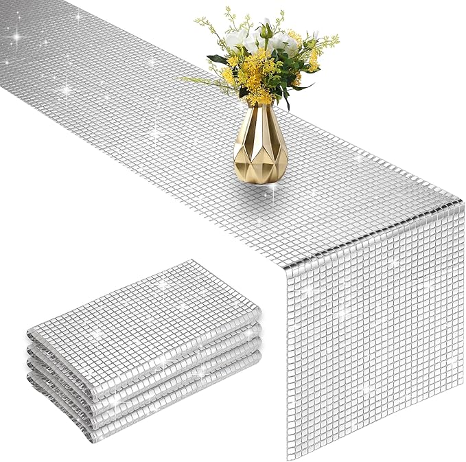 4 Packs Glitter Disco Party Table Runner 12 x 108 Inches Mirror Silver Foil Decor for 70s 80s Disco Party Decorations Birthday Home Table Decorations