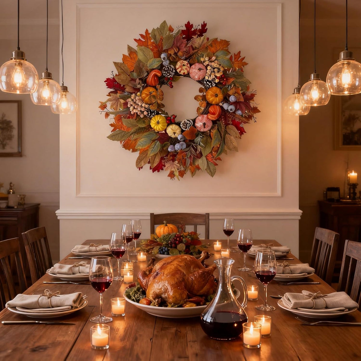 HipTree 24In Fall Wreath Pumpkin Maple Berry Front Door Thanksgiving Decor