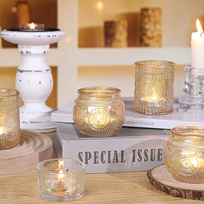 DARJEN 12Pcs Gold Votive Candle Holders - Glass Candle Holder for Table Centerpiece, Tea Lights Candle Holders for Home, Party & Wedding Shower Decoration
