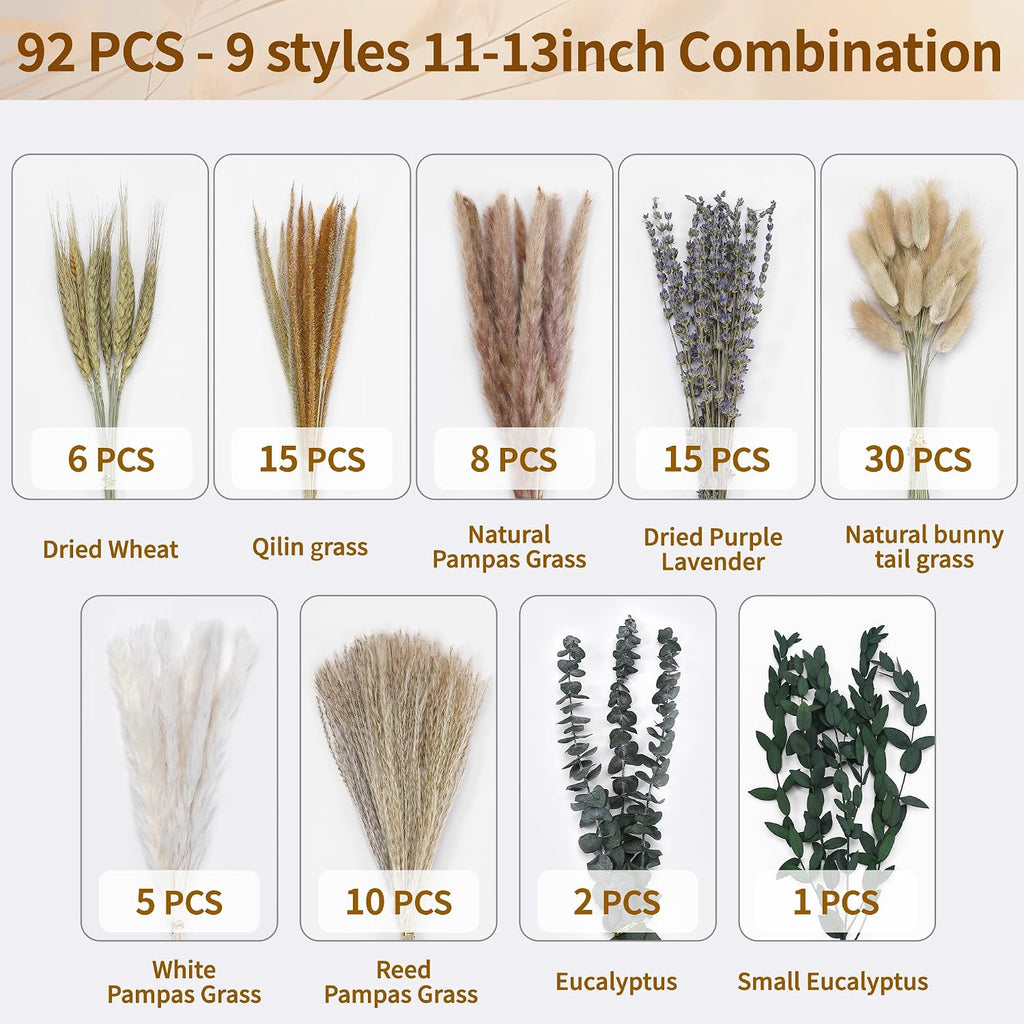 Bpole Dried Pampas Grass Bouquet - 92 Pcs 11-13 inch Pampas Grass Decor with Bunny Tails,Eucalyptus & Lavender Dried Boho Flowers for Vase Wedding Home Table Decor,Rustic Farmhouse Party