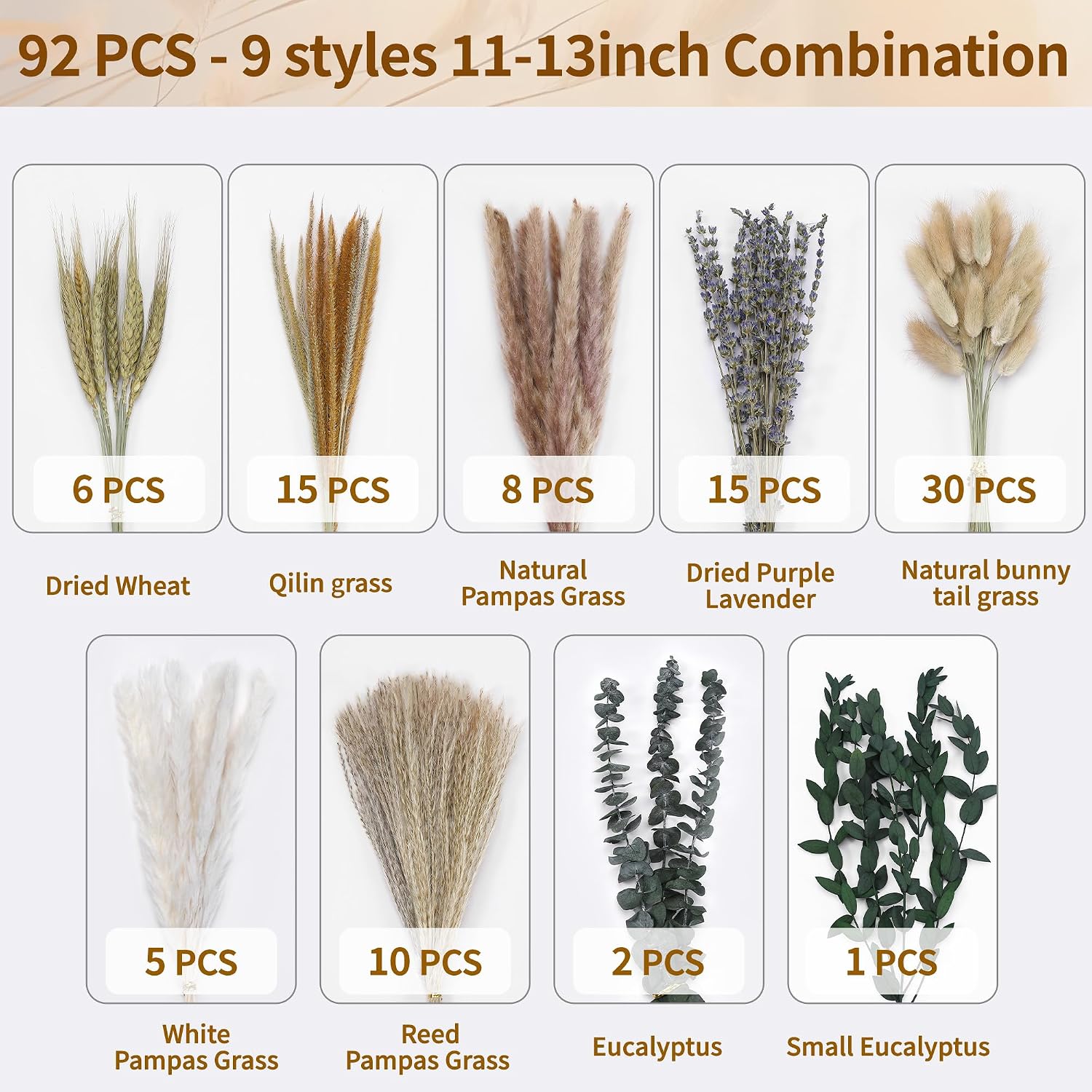 Bpole Dried Pampas Grass Bouquet - 92 Pcs 11-13 inch Pampas Grass Decor with Bunny Tails,Eucalyptus & Lavender Dried Boho Flowers for Vase Wedding Home Table Decor,Rustic Farmhouse Party