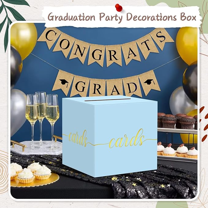QIKSION Light Blue Wedding Card Box, Gold Foil Gift Card Box for Party, Wedding Reception, Birthday, Baby Shower, Raffle, Graduation