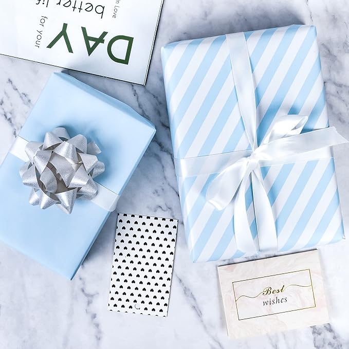WRAPAHOLIC Reversible Wrapping Paper - Mini Roll - 17 Inch x 33 Feet - Baby Blue and Stripes Design for Birthday, Holiday, Wedding, Baby Shower
