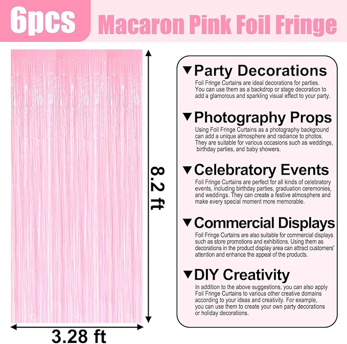6 Pack Macaron Pink Foil Fringe Curtain Backdrop, 3.28Ft x 8.2Ft Metallic Tinsel Foil Fringe Streamer Curtains for Photo Booth, Birthday, Wedding, New Year Party Decorations