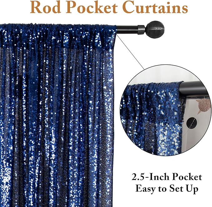 ShinyBeauty Navy Blue Backdrops 2 Pieces Sequin Curtains 4FTx7FT Photograph Background Shimmer Curtain Panels Sequins Fabric Glitter Backgrounds for Wedding, Party, Photobooth Decor