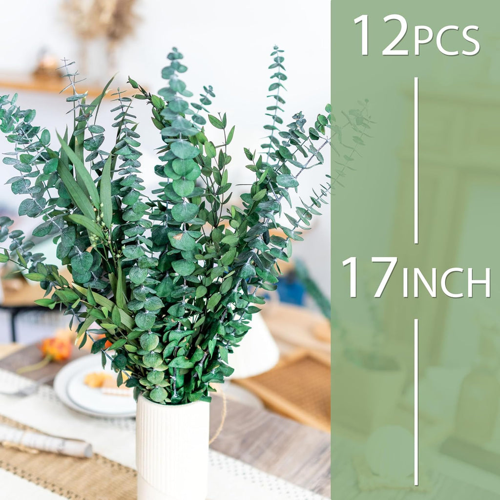 3kinds Natural Eucalyptus Stems 12PCS - 17inch Eucalyptus Set for Shower Bundle Real Eucalyptus Leaves Branches Vase Filler, Dried Flowers Arrangement Home Decor Wedding Decor (12PCS-17INCH)