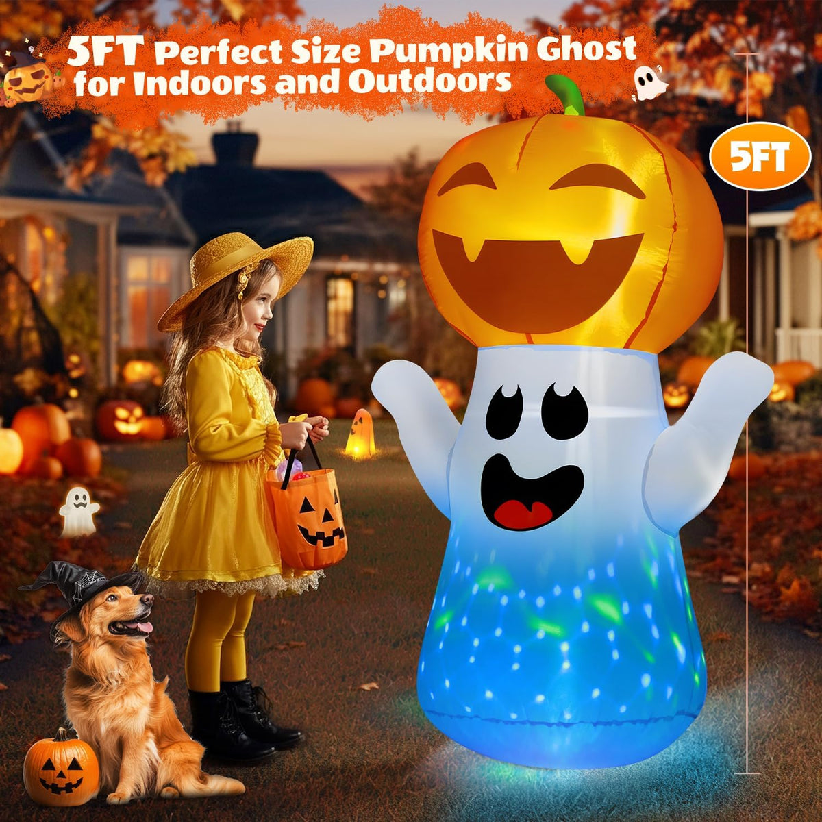 zukakii 5FT Halloween Inflatables Pumpkin Ghost Built-in 3-Pattern Colorful F...