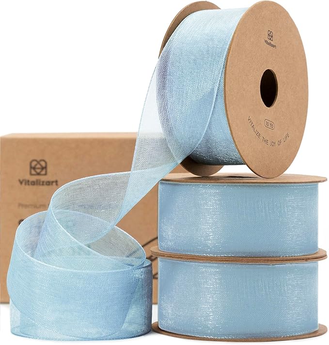 Vitalizart Dusty Blue Ribbon Organza Sheer Ribbon 1 inch x 30Yd Handmade Fabric Ribbons for Gift Wrapping Christmas Tree Crafts Bows Wedding Invitations Wreaths Wrap