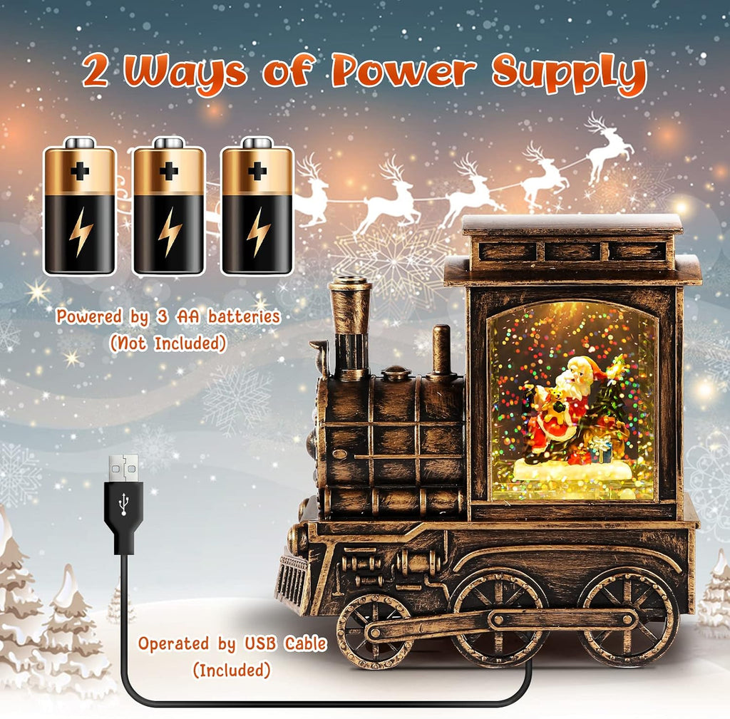 FUSPWEAO Vintage Musical Christmas Snow Globe Lantern with Snowflake Projection, Lighted Christmas Train Snow Globe with Santa, Water Swirling Glitter and 6H Timer, Xmas Gift