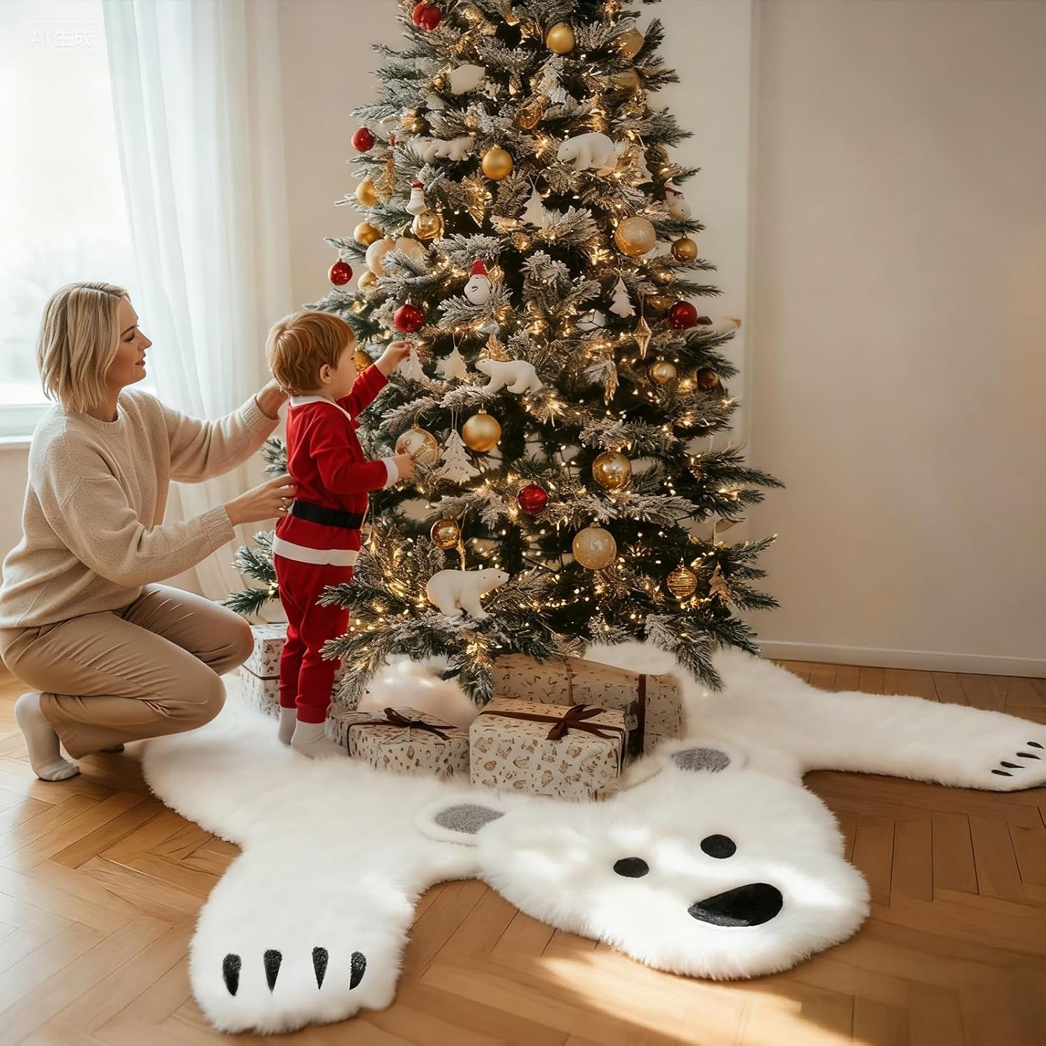 AerWo 48 Inch Christmas Tree Skirt, Faux Fur Polar Bear White Tree Skirt for White Christmas Decorations Indoor Party Holiday Xmas Home Decor