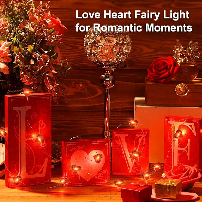 2 Pack Valentine’s Day Red Heart Fairy String Lights 16FT 50 LEDs Valentine's Day Lights Battery Powered Mother Day Decor