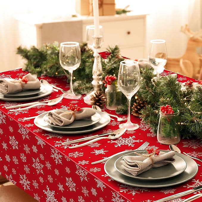 Jectivs 3 Pieces Christmas Snowflake Plastic Party Tablecloth Decorations,White Snowflake Red Xmas Backdrop Sign Table Cover Banner for Winter Christmas Holiday Party Supplies,54x108 inch (Red)