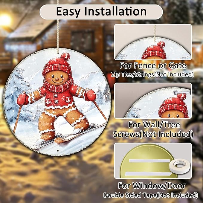 Round Gingerbread Man Ski Vintage Metal Sign Skiing Sign, Office Sign Home Décor Ski Lodge Décor Cabin Tin Sign 12 * 12 in