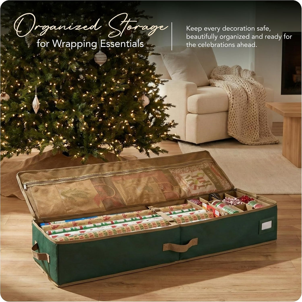 Covermates Keepsakes Gift Wrap Storage Organizer – Heavy-Duty Polyester with Buckle Straps & Interior Pockets – Holds Up to 15 Rolls of Gift Wrap with Handles & Label Window, Green