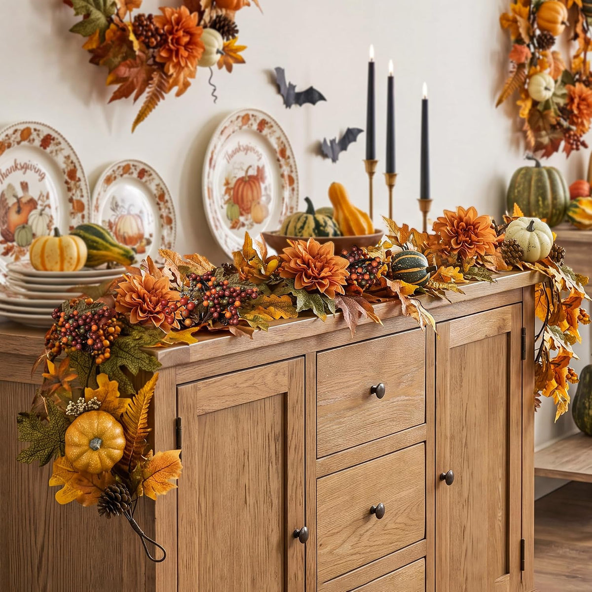 6 ft realistic fall garland for mantle autumn, side view