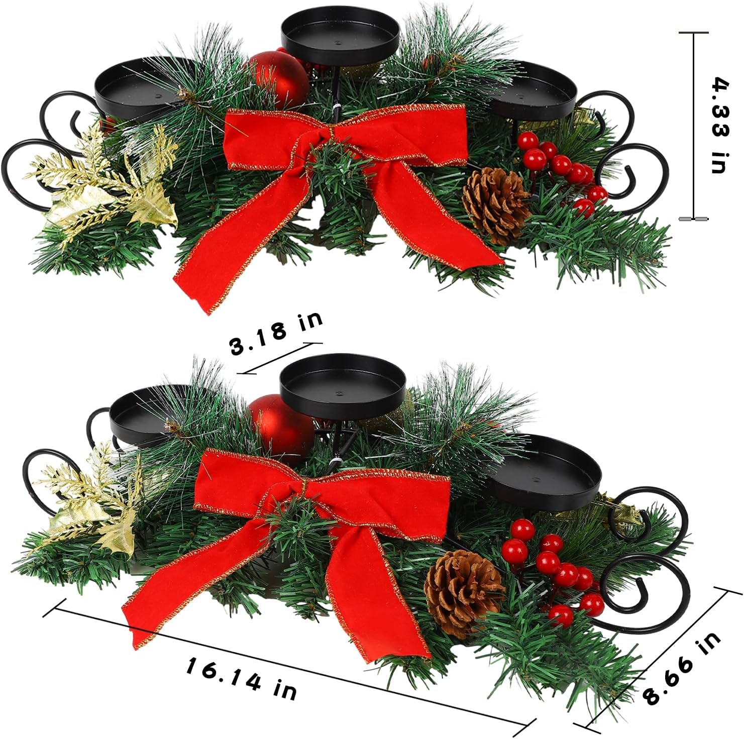MorTime Christmas Candle Holder Centerpiece, Xmas Tabletop Decor with Red Bow Berries Pinecones, Table Centerpiece with Steel Base for Christmas Decoration