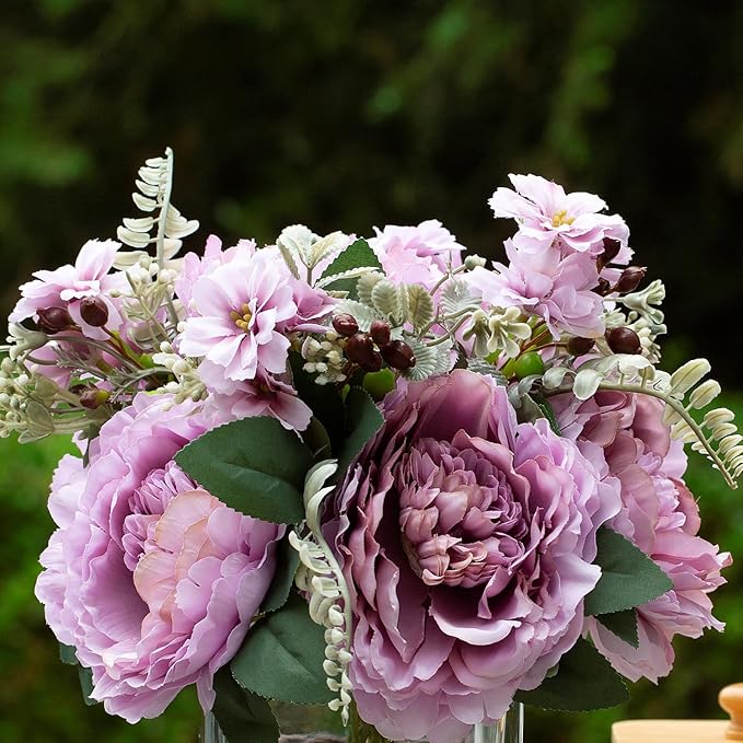 ENOVA FLORAL Artificial Flower Arrangement with Vase,Mixed Artificial Silk Peony Flower in Vase for Decoration Home Office, Wedding Centerpiece (Purple)