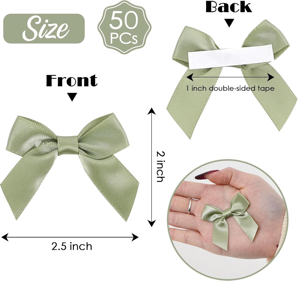 AIMUDI Sage Green Satin Premade Bows, 2" with Double-Sided Tape, 50 Count, Multi-purpose Occasions, Wedding, Baby Shower, Birthday Party