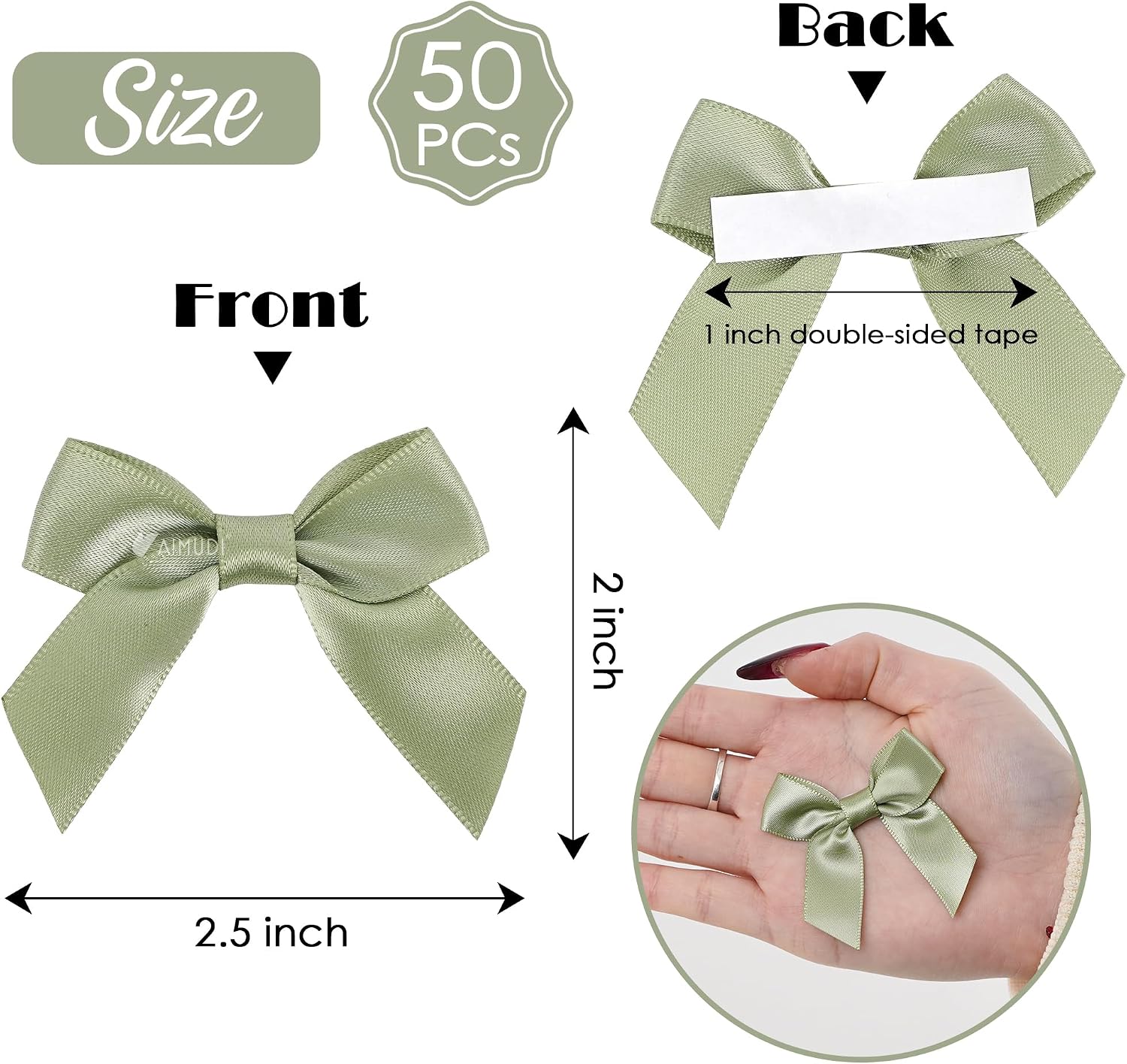 AIMUDI Sage Green Satin Premade Bows, 2" with Double-Sided Tape, 50 Count, Multi-purpose Occasions, Wedding, Baby Shower, Birthday Party