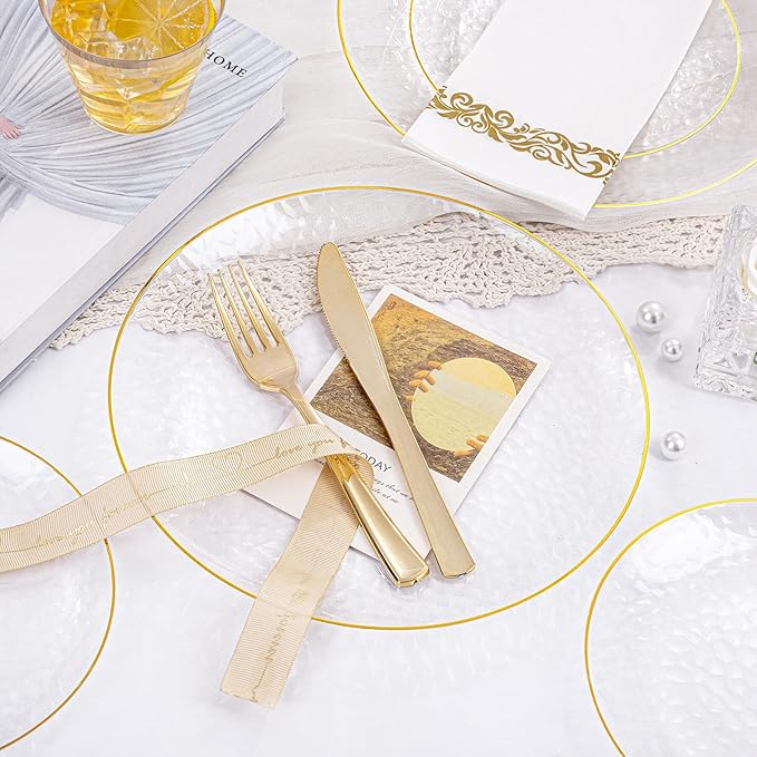 Rubtlamp 175 Pcs Plastic Dinnerware Set (25 Guests), Clear And Gold Plastic Plates, Hammered Party Plates Include Dinner Platos, Dessert Platos, Cups, Gold Cutlery Set And Napkins for Party