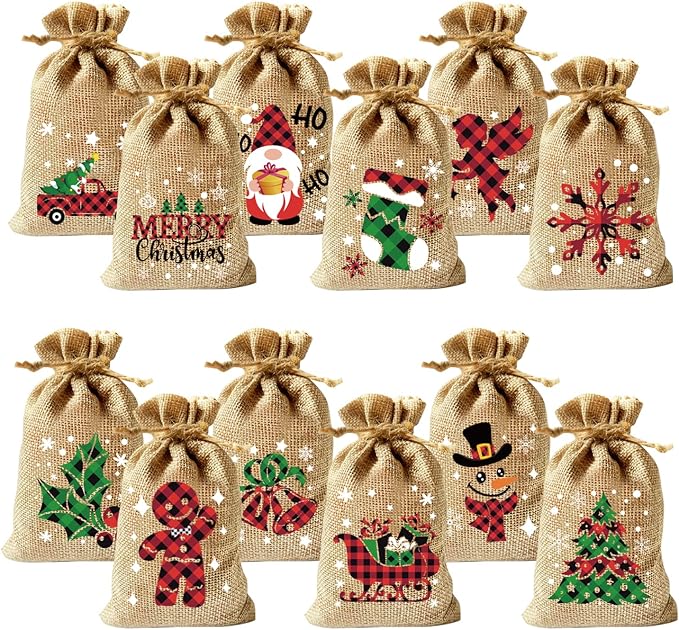 CCINEE 36pcs Christmas Drawstring Goody Candy Gift Bags, 4x6 Inch with Double Jute Drawstrings for Xmas Party Favors
