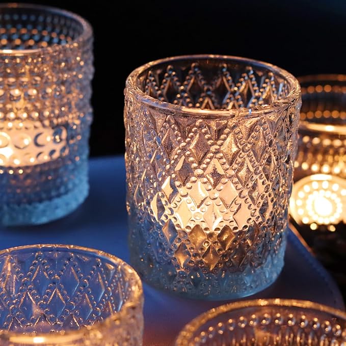 Clear Votive Candle Holders, 3 Patterns 24 pcs Glass Tealight Candle Holders for Christmas Wedding Table Centerpiece Birthday Party