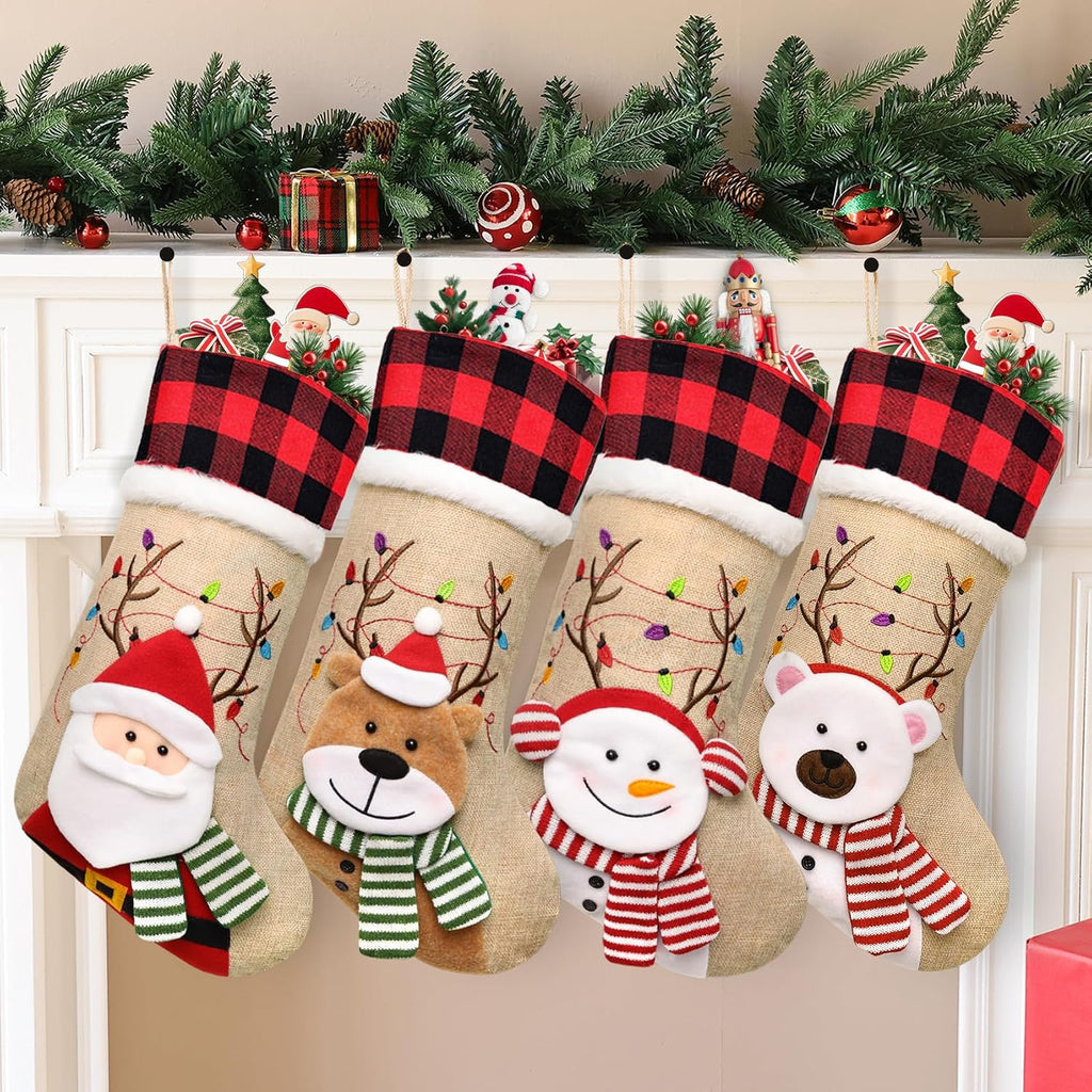 ELEGANTPARK Burlap Christmas Stocking 4 Pack, Buffalo Plaid Cuff 20 Inch | Large Xmas stockings with 3D Santa reindeer snowman bear for family kids, fireplace mantel hanging Christmas decor