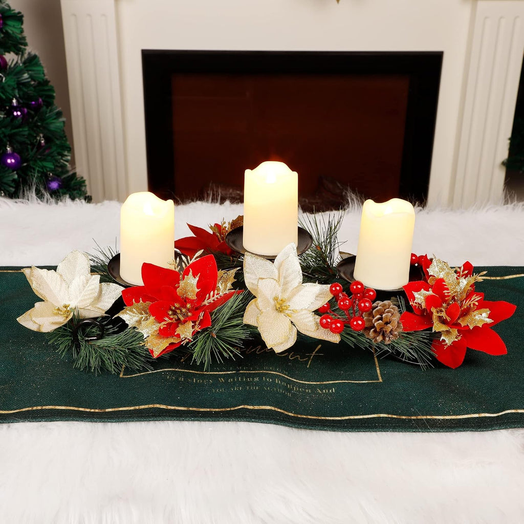 FORUP Christmas Centerpiece, Christmas Candle Holders, Christmas Tabletop Poinsettia Centerpiece with 3 Flameless Candle, Romantic Holiday Candelabrum for Home Party Christmas Table Mantel Decorations