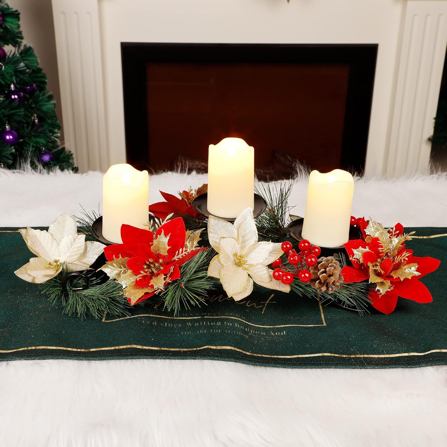 FORUP Christmas Centerpiece, Christmas Candle Holders, Christmas Tabletop Poinsettia Centerpiece with 3 Flameless Candle, Romantic Holiday Candelabrum for Home Party Christmas Table Mantel Decorations