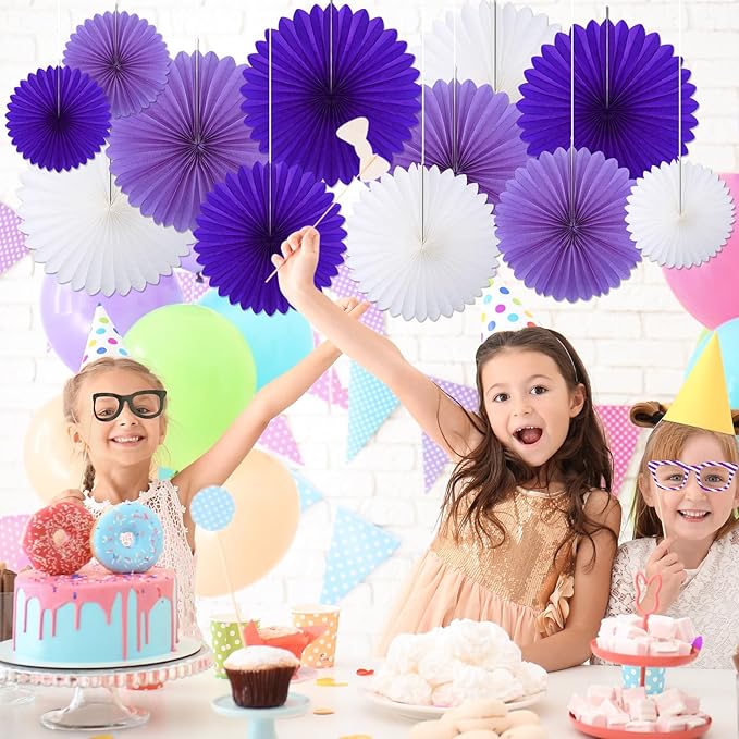 24 Pcs Purple and White Paper Fans Purple Party Decorations Classroom Decor Wall Background Ceiling Hanging Decoration for Birthday Wedding Baby Bridal Shower Engagement Party Decor