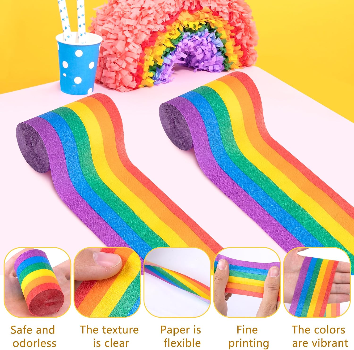 Tlswshsy 6 Rolls Rainbow Crepe Paper Streamers, 197 ft Colorful Crepe Rolls, Rainbow Streamer Paper Decoration for Pride Day Gay LGBT Birthday Wedding Ceremony Baby Shower Festivals Party DIY Crafts