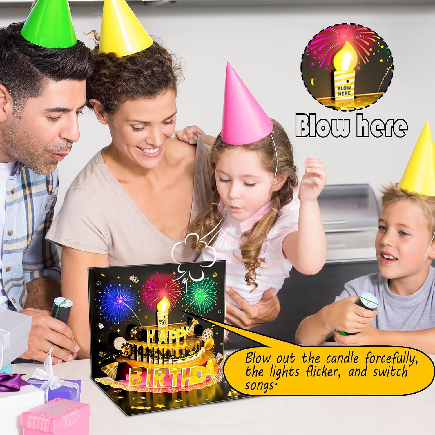 Pop Up Birthday Cards for Men - LED Light & Music with Blow The Candle, 3D Balloons, Singing Happy Birthday gifts Card for Husband - Women, Kids, Son, Her, & Dad